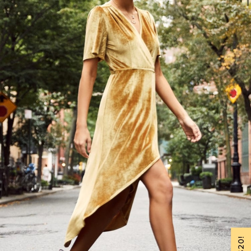 Amour Golden Yellow Velvet High-Low Wrap Dress